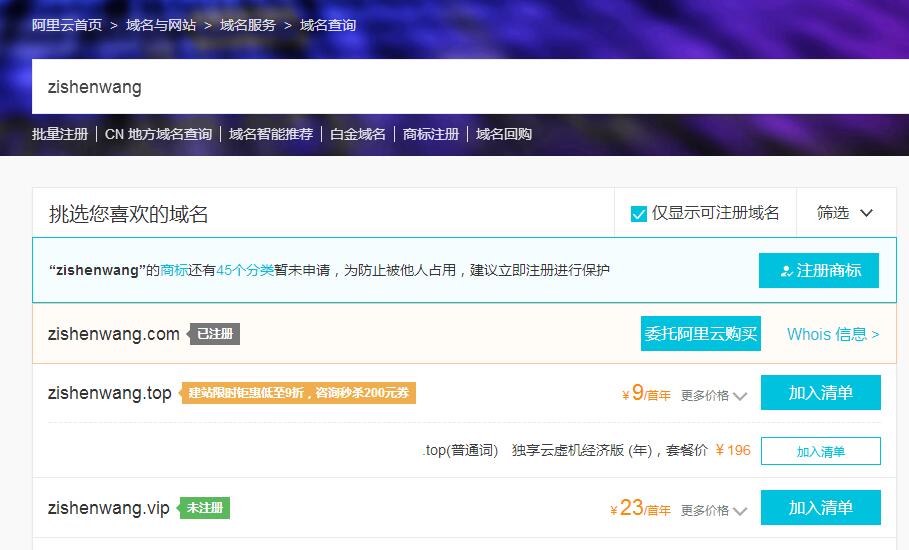 域名搜索结果页